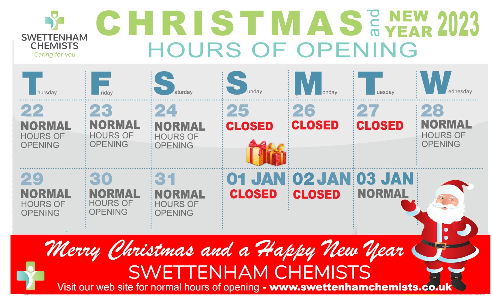 CHRISTMAS OPENING HOURS Swettenham Chemists